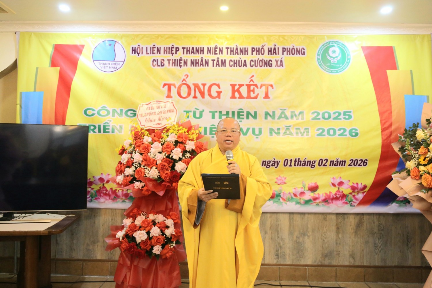 Thượng tọa Thích Thanh Cường - Chủ nhiệm CLB Thiện Nhân Tâm - Chùa Cương Xá phát biểu định hướng hoạt động năm 2026.