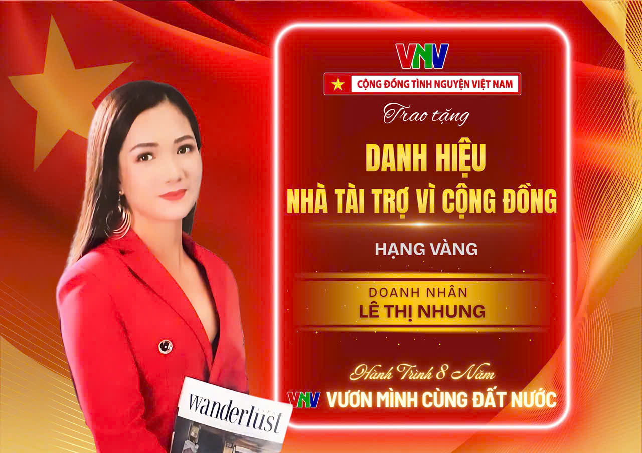 Doanh nhân Lê Thị Nhung nhận danh hiệu “Nhà tài trợ vì cộng đồng” hạng Vàng do Cộng đồng Tình nguyện Việt Nam (VNV) trao tặng